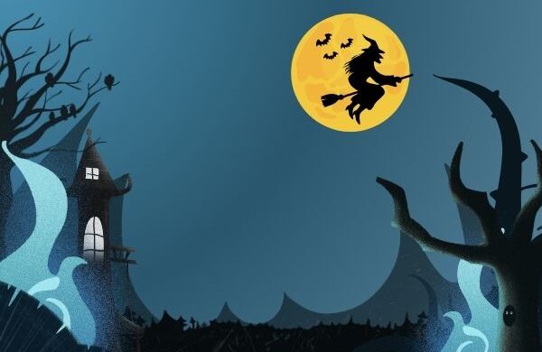 Graphic of spooky night scene with witch flying in front of full moon