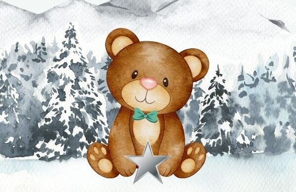 Graphic of a bear with snowy mountains and forrest